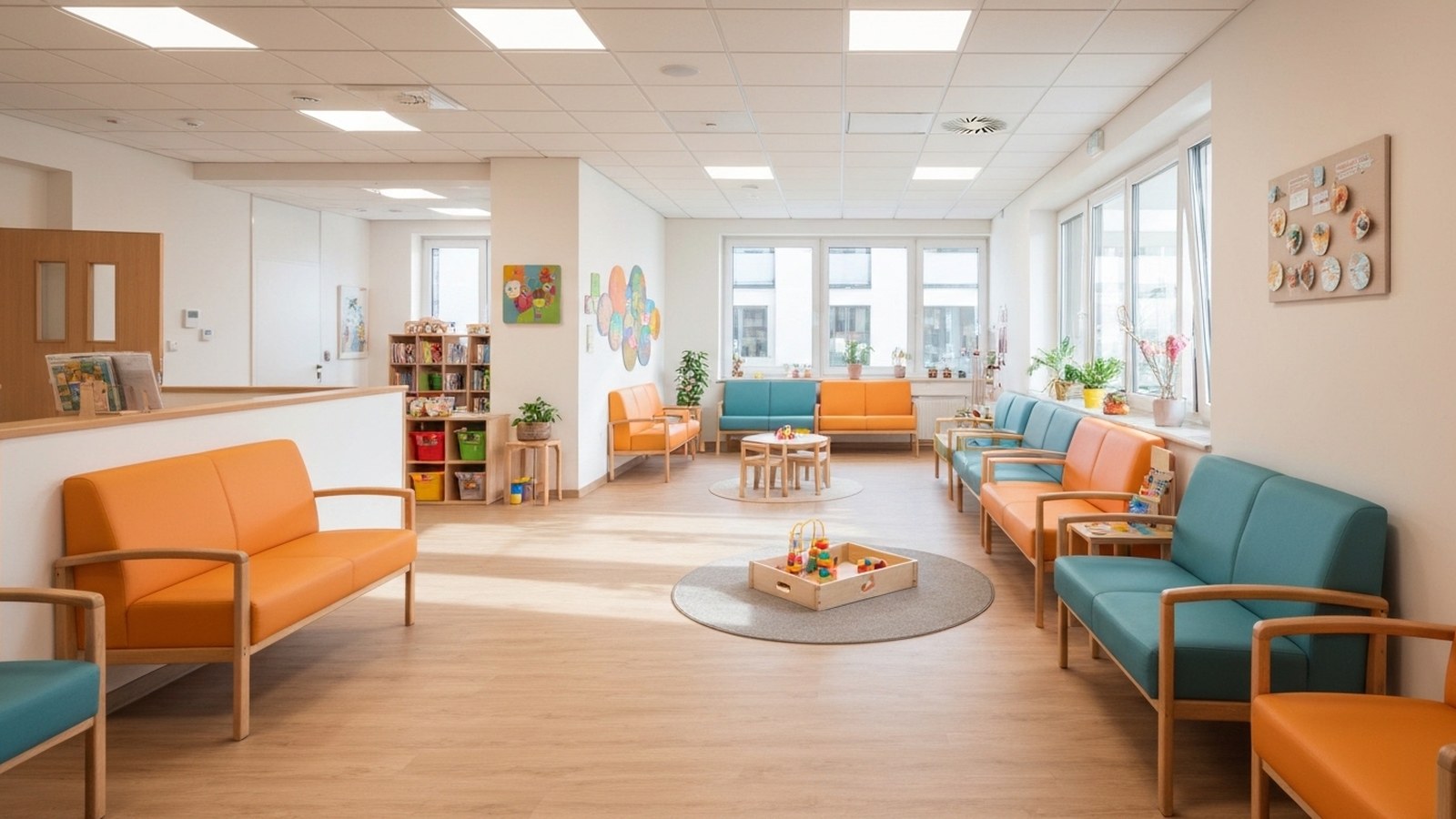 Freundlicher Empfangsbereich einer Kinderarztpraxis in Backnang mit kindgerechter Einrichtung und Spielmöglichkeiten